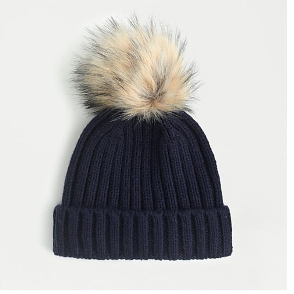Fauxfur Pompom Navy Blue Hat 
